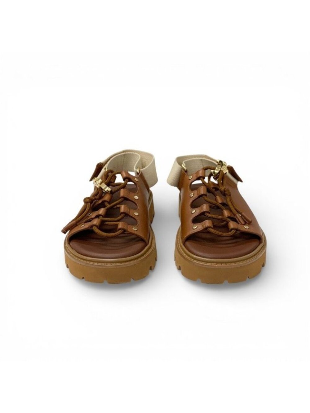 Celine Sandals Shoes Leather Canvas Brown Beige Gold Platform Strap Lace Up - Picture 3 of 9